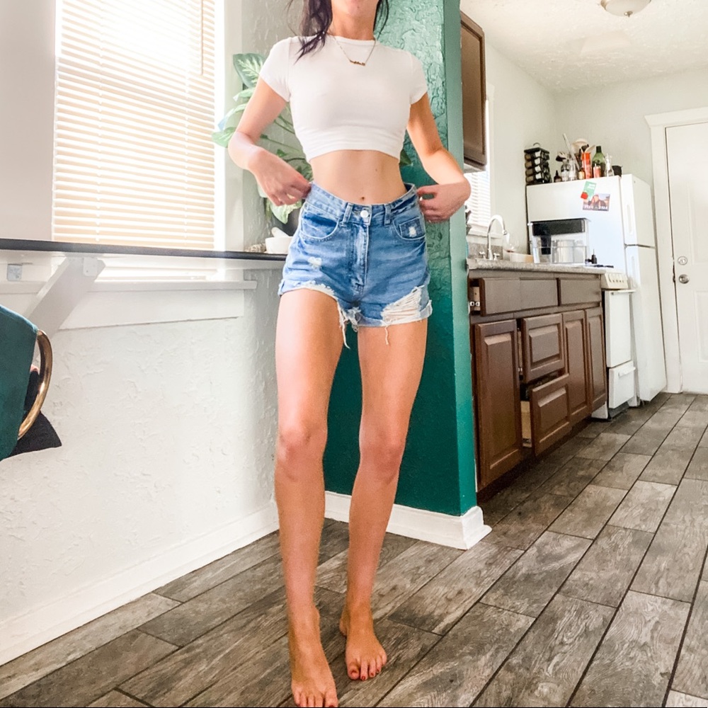 Distressed High Waisted Denim Shorts